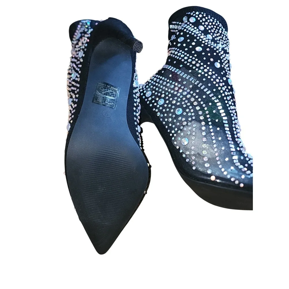 Black Mesh Rhinestone Stiletto Ankle Boots Pointed Toe Sock Booties Size 9